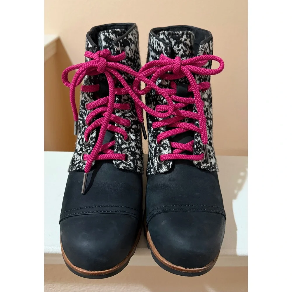 Sorel PDX Wedge Ankle Boots Black White Knit Pink Laces Waterproof Women's 9.5